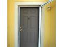 Close-up of a gray, six-panel front door with brass hardware on a yellow home at 2007 Country Brook Ave, Clermont, FL 34711