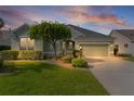 Charming single-story home featuring a well-manicured lawn, mature landscaping, and a two-car garage at 1122 Magrath Way, The Villages, FL 32162