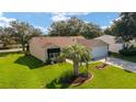 Lawn of charming home features mature palm tree and meticulously maintained landscaping at 8537 Se 177Th Bartram Loop, The Villages, FL 32162