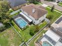 Aerial view of home with a screened pool and fenced backyard at 1109 Needlewood Loop, Oviedo, FL 32765