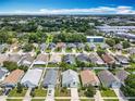 An aerial view shows a well-planned neighborhood with tree-lined streets, manicured lawns, and various home styles at 1034 Copenhagen Way, Winter Garden, FL 34787