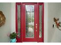 Elegant red front door with decorative glass panels and stylish hardware accents at 2400 Pawtucket Pass, Mount Dora, FL 32757