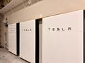 View of the Tesla batteries for home energy storage, mounted on a wall at 3021 King Palm Dr, New Smyrna Beach, FL 32168