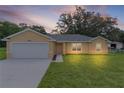 Charming single-story home with a fresh exterior, lush lawn, and a welcoming ambiance at dusk at 14631 Se 95Th Ct, Summerfield, FL 34491