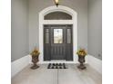 Inviting entryway featuring decorative door, transom window, and potted plants for a warm welcome at 3566 Gentle Ter, The Villages, FL 32163
