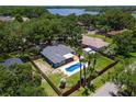 Aerial view of a property featuring a pool, playground and fenced-in backyard surrounded by lush greenery at 204 Lori Ct, Umatilla, FL 32784