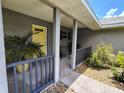 Cozy covered front porch with gray railings, potted plants, and space to relax at 1007 Cr 463B, Lake Panasoffkee, FL 33538