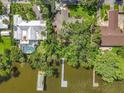 Aerial view of a private waterfront home with a dock, lush landscaping, and swimming pool at 504 Banning Beach Rd, Tavares, FL 32778