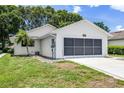 Exterior of a one-story home featuring a lawn with well-kept grass, palm trees, and a driveway at 5507 Laver St, Leesburg, FL 34748