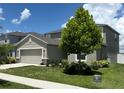 Two-story home with a large tree, neutral paint, two car garage, manicured landscaping, and a sidewalk at 1138 Calico Pointe Cir, Groveland, FL 34736