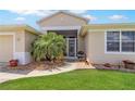 Close-up view of the front entrance with a well-kept lawn and a decorative palm tree at 27328 Pine Straw Rd, Leesburg, FL 34748