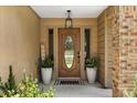 Front door with decorative glass and sidelights framed by potted plants; brick accents add warmth at 3184 Maltby Dr, Deltona, FL 32738