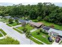 Serene aerial view showcases the home in a quiet neighborhood with mature trees and green spaces at 1415 Braebury Dr, Leesburg, FL 34748