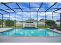 Sparkling pool with decorative statues and blue tile accents within a screened enclosure at 9702 Pepper Tree Pl, Wildwood, FL 34785