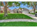 Beautiful home boasts a lush green lawn, mature shade trees, and colorful landscaping at 233 Largovista Dr, Oakland, FL 34787