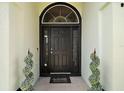 Elegant front door with decorative glass, black hardware, a 'welcome-ish' door mat, and decorative spiral shrubs at 6001 Pine Bluff Ln, Mascotte, FL 34753