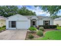 Well-kept single-story home featuring a two-car garage and verdant landscaping at 32942 Rambling Oaks Ct, Leesburg, FL 34748