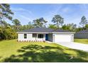 Single-story home with a fresh gray exterior, green lawn and a bright blue front door at 11 Locust Terrace Way, Ocala, FL 34472