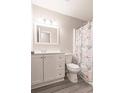 Modern bathroom with updated vanity, mirror, lighting, and decorative shower curtain at 2060 Se 39Th St, Ocala, FL 34480