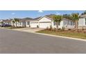 Street-level view of a white duplex with a two-car garage, manicured landscaping, and palm trees at 5341 Nw 48Th Pl, Ocala, FL 34482