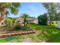 Lush backyard featuring a patio area, well-maintained lawn, palm trees, and privacy hedging at 916 Ashmeade Ct, Port Orange, FL 32127