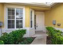 Inviting front entrance with white door, lush landscaping, and yellow textured walls providing warmth and curb appeal at 3017 Mission Lakes Dr, Lakeland, FL 33803
