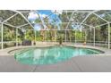 Screened in pool area with waterfall feature and lush landscaping beyond fence at 7365 Millbrook Oaks Dr, Lakeland, FL 33813