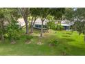 Aerial view of a backyard with lush green lawn, mature trees, and well-maintained landscaping at 202 Golf Aire Blvd, Winter Haven, FL 33884