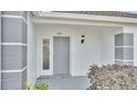 Gray front door with sidelights, leading to the entrance of the house at 6111 Morningview Dr, Lakeland, FL 33813