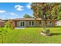 Backyard featuring a well-maintained lawn, a patio, and a mature tree, perfect for outdoor enjoyment at 123 Padgett N Pl, Lakeland, FL 33809