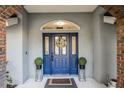 Close-up of a stylish blue front door framed by brick accents and decorative plants at 7026 Parliament Pl, Lakeland, FL 33809