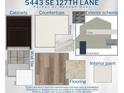 Color schemes showcasing cabinet, countertop, tile, flooring, paint, exterior trim, and door finish options at 5443 Se 127Th Ln, Belleview, FL 34420