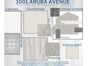 A collection of material and color selections including cabinets, countertops, flooring, tile, and exterior scheme at 1001 Aruba Ave, Mulberry, FL 33860