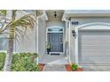 Close-up of the front entrance with a stylish door, manicured plants, and elegant lighting at 2726 Greyhawk Estates Ln, Lakeland, FL 33812