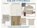 Samples showcase the home's color scheme, including cabinets, countertops, wall tile, flooring, and paint at 636 Sw 77Th Cir, Ocala, FL 34474