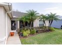 Exterior showcasing the landscaped front yard with vibrant plants and decorative palm trees at 4427 Whistlewood Cir, Lakeland, FL 33811