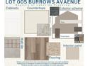 Display of interior and exterior color schemes; featuring cabinet, countertop, wall tile, flooring, and paint samples at 1740 Burrows Ave, Lakeland, FL 33811