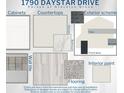 Selection of designer materials showcasing cabinets, countertops, tile, flooring, paint, and exterior accents at 1790 Daystar Dr, Haines City, FL 33844