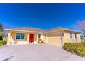 A sunny yellow one-story home featuring a red front door and an attached garage, complete with a concrete driveway at 3533 Britt Rd, Mount Dora, FL 32757