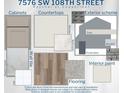 Displays the selected color scheme for the home, featuring cabinets, countertops, flooring, and wall tiles at 7576 Sw 108 Th St, Ocala, FL 34476