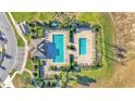 Aerial view of a community pool with lounge chairs and meticulously manicured landscaping at 613 Sarner Pass Way, Winter Haven, FL 33881