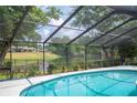 Inviting screened pool area with a sparkling pool and scenic views of the backyard pond and lush greenery at 1104 Kells Ct, Lakeland, FL 33813
