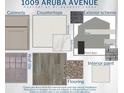 Selections of interior paint, exterior colors, and flooring, including cabinets, countertops, wall tile, and exterior accents at 1009 Aruba Ave, Mulberry, FL 33860