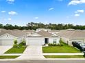 Aerial view of a home with a manicured lawn, situated in a neighborhood at 2039 Rosewood Cir, Lakeland, FL 33810