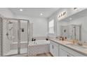 Serene bathroom with a walk-in shower, soaking tub, double vanity, and elegant subway tile accents at 1725 Hill Top Dr, Dundee, FL 33838