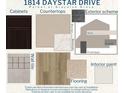 A collection of color swatches depicting the exterior color scheme, cabinets, flooring, wall tile and countertops at 1814 Daystar Dr, Haines City, FL 33844
