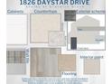 Home design schemes featuring cabinets, countertops, wall tile, flooring, paint, and exterior materials at 1826 Daystar Dr, Haines City, FL 33844