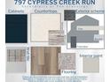 Selection of cabinets, countertops, flooring, tile, interior, and exterior paint colors at 797 Cypress Creek Run, St Cloud, FL 34771