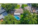 Aerial view showcasing a private screened-in pool, mature trees, and the backyard of the property at 111 Beverly Dr, Winter Haven, FL 33884
