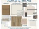 Interior design selections showcase the home's cabinets, countertops, flooring, tile, and paint color palette at 7578 Sw 107Th Ln, Ocala, FL 34476